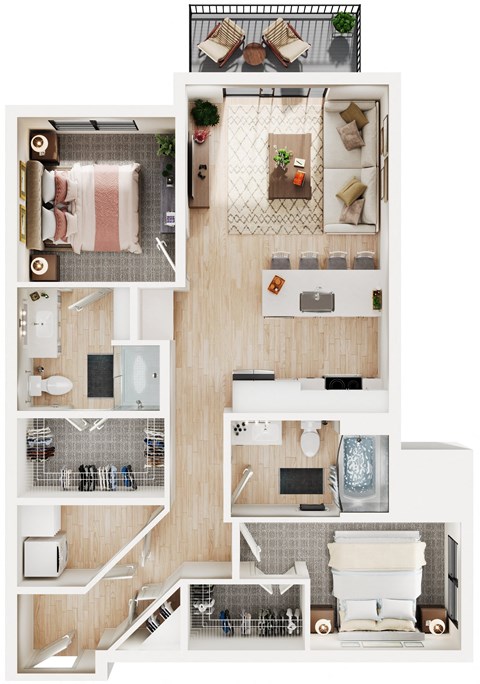 a floor plan of a two bedroom apartment with two bathrooms and a balcony